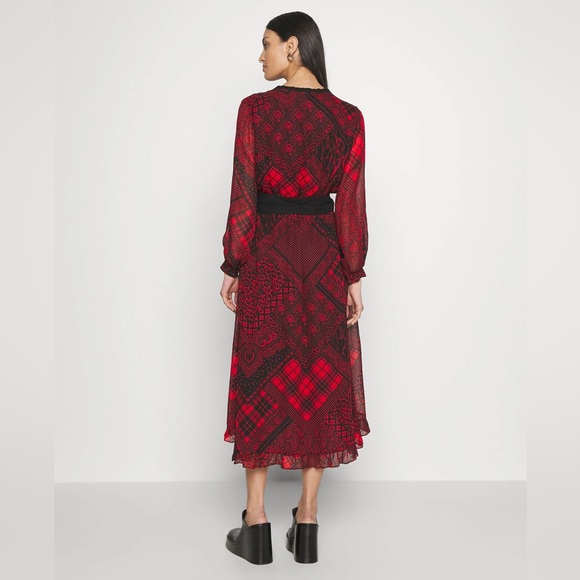 The Kooples Red & Black Mixed Print V-Neck Midi Dress NWT Size L - Picture 2 of 10